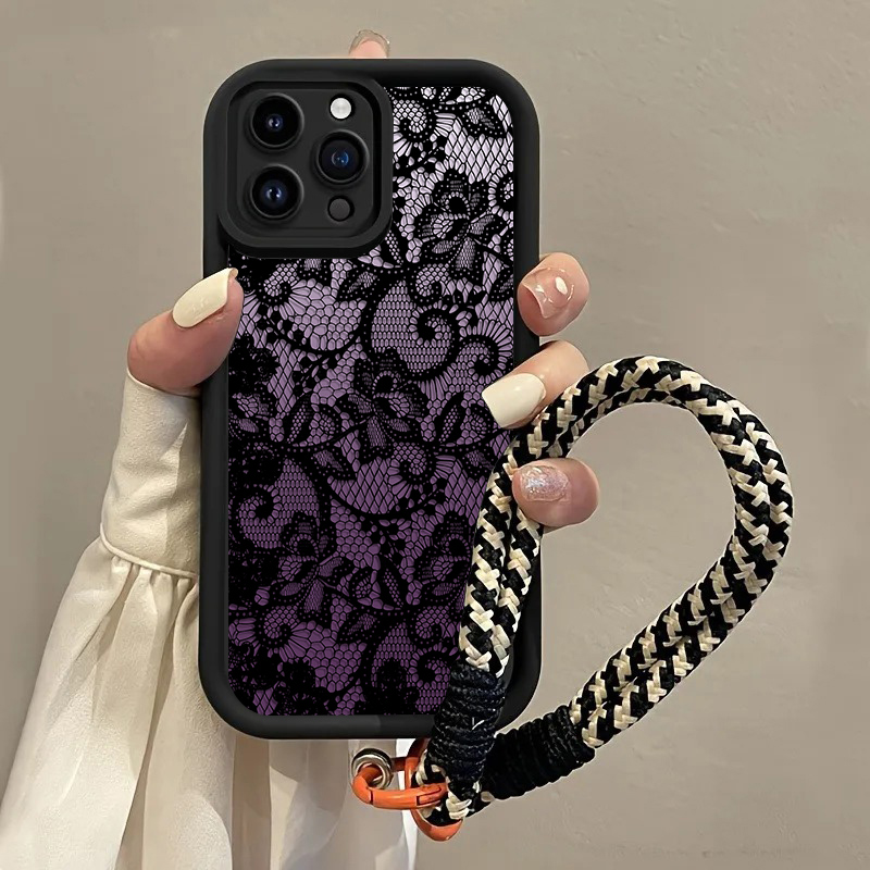 Matte Pc Case - Siyah Mor Dantel Askılı Telefon Kılıfı